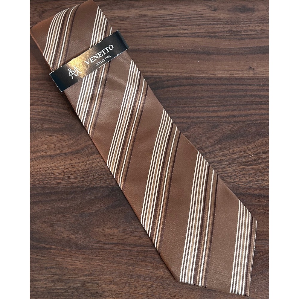 NWT Venetto Collection Mens Brown Striped Polyester Necktie Classic Formal Tie